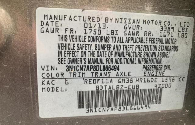 3N1CN7AP8DL866494 - 2013 NISSAN VERSA S TAN photo 10