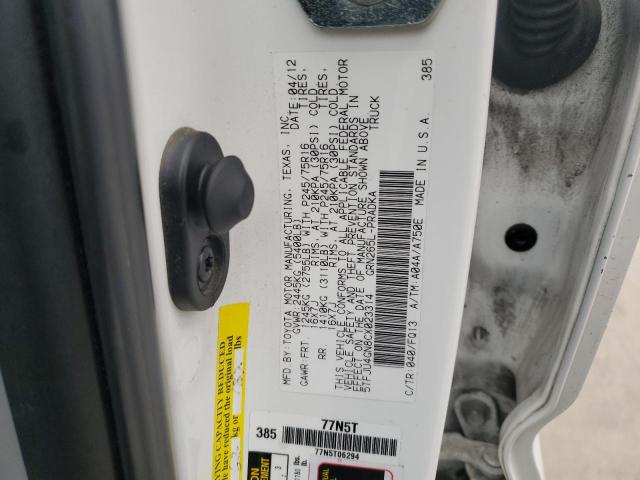 5TFJU4GN8CX023314 - 2012 TOYOTA TACOMA DOUBLE CAB PRERUNNER WHITE photo 12