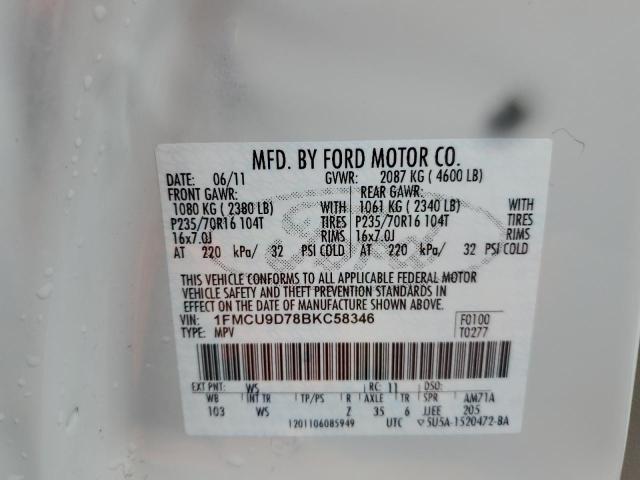 1FMCU9D78BKC58346 - 2011 FORD ESCAPE XLT WHITE photo 13