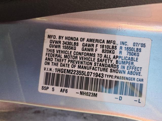 1HGEM22355L071943 - 2005 HONDA CIVIC DX VP Silber Foto 12