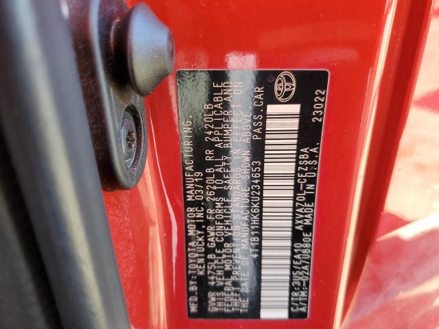 4T1B11HK6KU234653 - 2019 TOYOTA CAMRY L RED photo 13