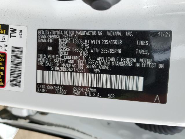 5TDHZRBH2NS170901 - 2022 TOYOTA HIGHLANDER XLE WHITE photo 12