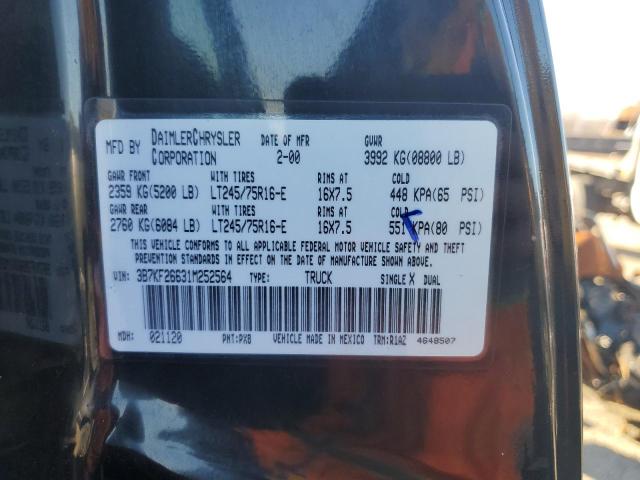 3B7KF26631M252564 - 2001 DODGE RAM 2500 BLACK photo 12