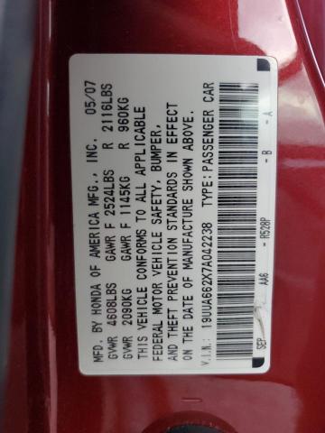 19UUA662X7A042238 - 2007 ACURA TL RED photo 12