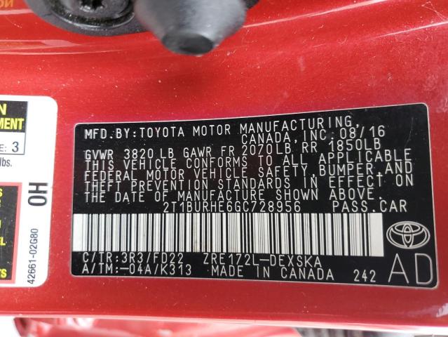 2T1BURHE6GC728956 - 2016 TOYOTA COROLLA L RED photo 13