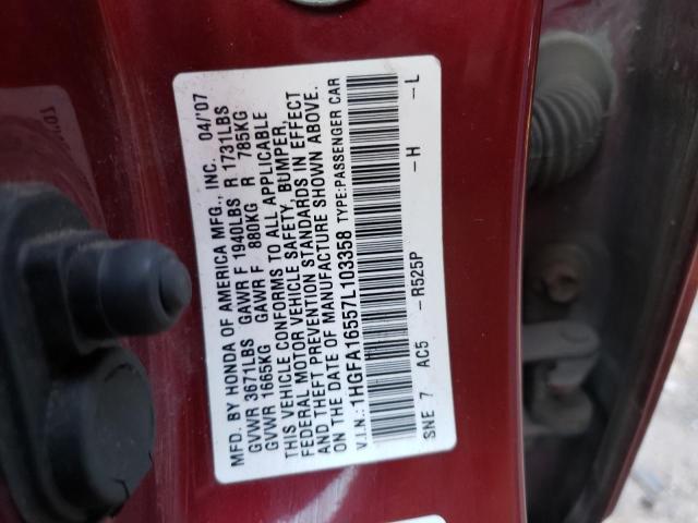 1HGFA16557L103358 - 2007 HONDA CIVIC LX MAROON photo 13