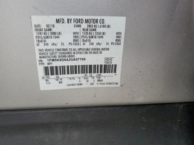 1FM5K8D84JGA97769 - 2018 FORD EXPLORER XLT Plata foto 13