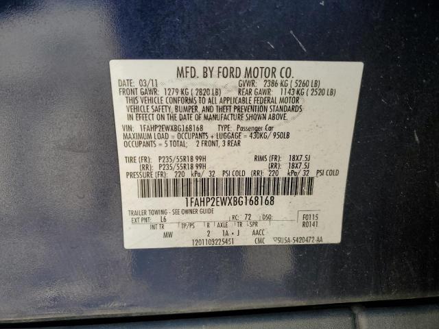 1FAHP2EWXBG168168 - 2011 FORD TAURUS SEL BLUE photo 12