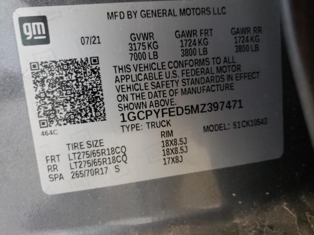 1GCPYFED5MZ397471 - 2021 CHEVROLET SILVERADO K1500 LT TRAIL BOSS GRAY photo 12