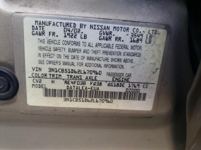 3N1CB51D62L670960 - 2002 NISSAN SENTRA XE BEIGE photo 12