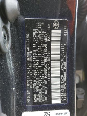 4T1B11HK4KU687301 - 2019 TOYOTA CAMRY L BLACK photo 12