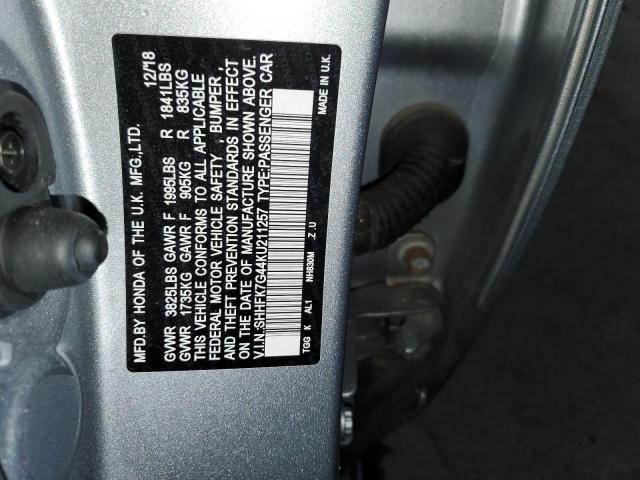 SHHFK7G44KU211257 - 2019 HONDA CIVIC SPORT ვერცხლისფერი ფოტო 12