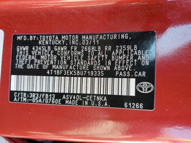 4T1BF3EK5BU719335 - 2011 TOYOTA CAMRY BASE RED photo 12