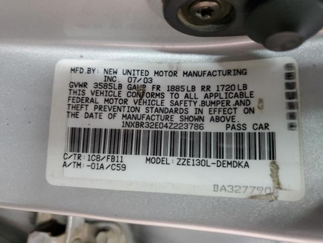 1NXBR32E04Z223786 - 2004 TOYOTA COROLLA CE SILVER photo 12