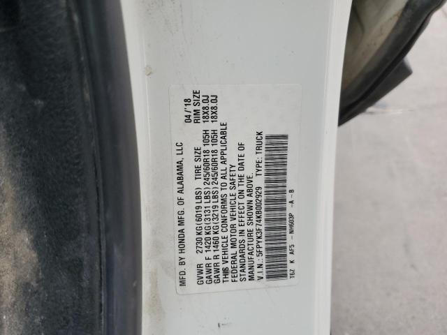 5FPYK3F74KB002929 - 2019 HONDA RIDGELINE RTL WHITE photo 12