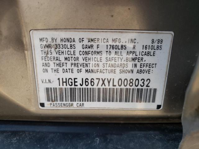 1HGEJ667XYL008032 - 2000 HONDA CIVIC LX TAN photo 12