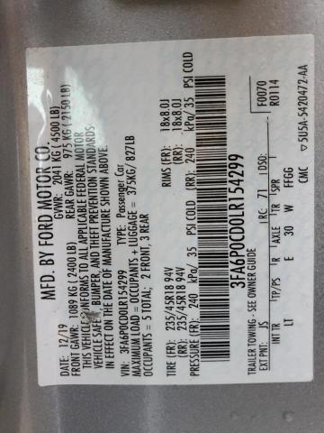 3FA6P0CD0LR154299 - 2020 FORD FUSION SEL SILVER photo 12