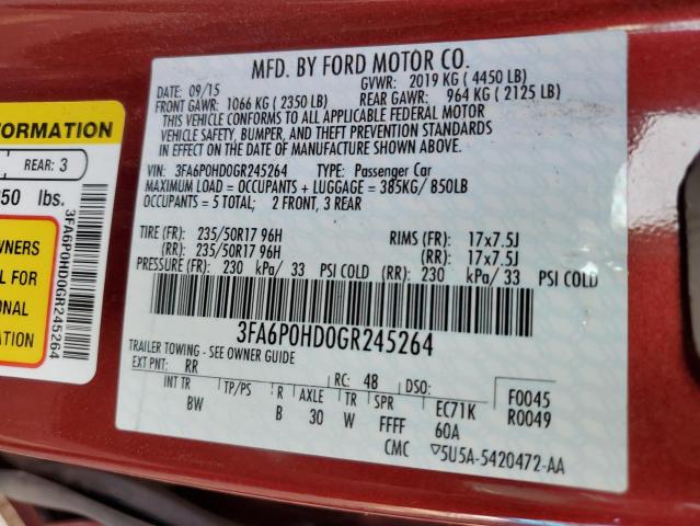 3FA6P0HD0GR245264 - 2016 FORD FUSION SE BURGUNDY photo 12