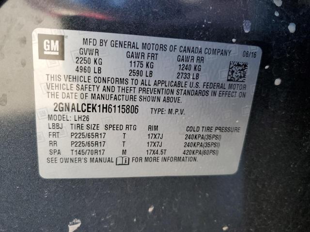 2GNALCEK1H6115806 - 2017 CHEVROLET EQUINOX LT GRAY photo 13