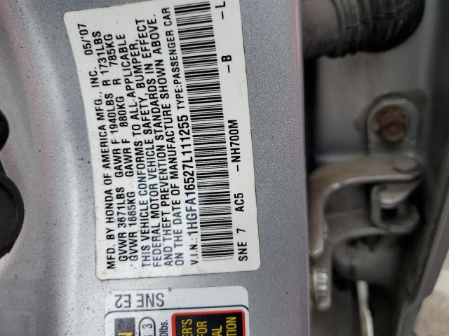 1HGFA16527L111255 - 2007 HONDA CIVIC LX SILVER photo 12