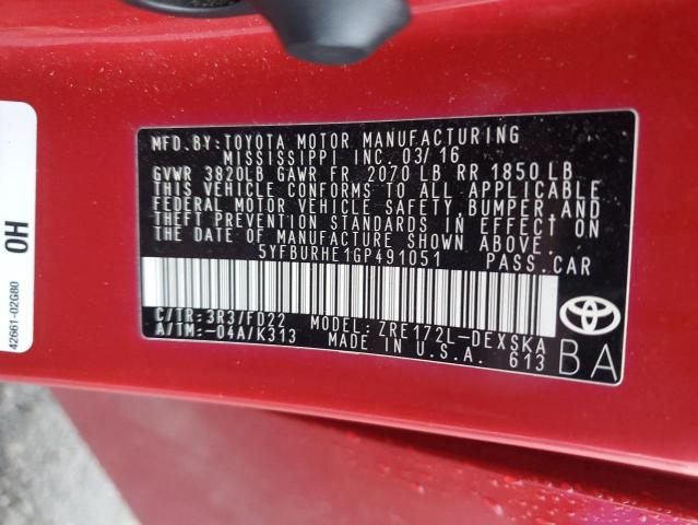 5YFBURHE1GP491051 - 2016 TOYOTA COROLLA L RED photo 12