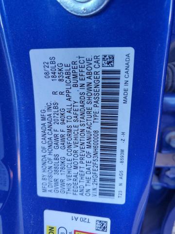 2HGFE2F53NH600008 - 2022 HONDA CIVIC SPORT 蓝色 照片 12