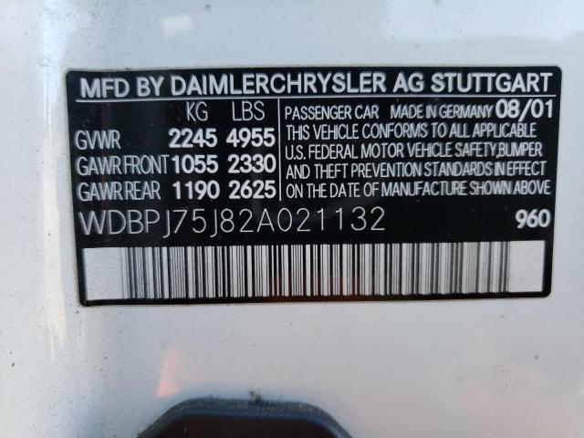 WDBPJ75J82A021132 - 2002 MERCEDES-BENZ CL 500 WHITE photo 12