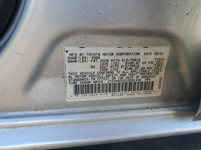 JTEHH20V210081406 - 2001 TOYOTA RAV4 SILVER photo 13