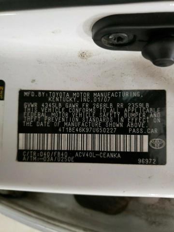 4T1BE46K97U650227 - 2007 TOYOTA CAMRY CE WHITE photo 12