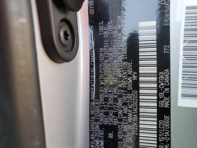 2T2ZK1BA1AC002050 - 2010 LEXUS RX 350 SILVER photo 12