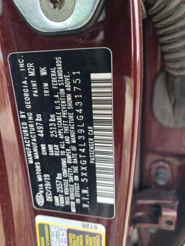 5XXGT4L39LG431751 - 2020 KIA OPTIMA LX BURGUNDY photo 13