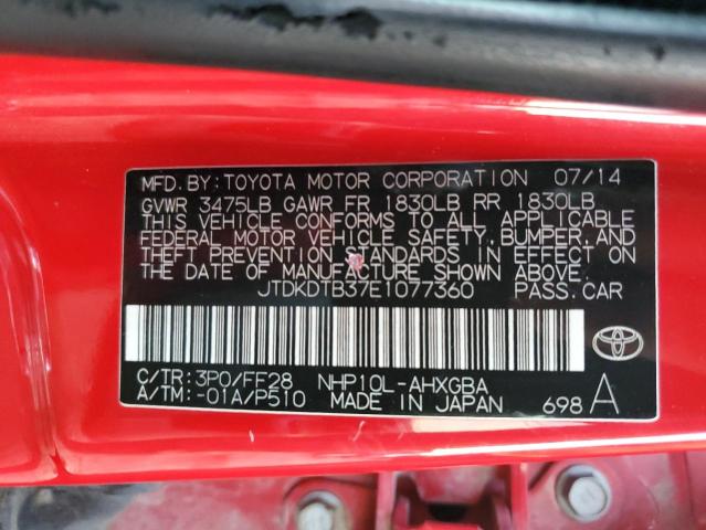 JTDKDTB37E1077360 - 2014 TOYOTA PRIUS C RED photo 12