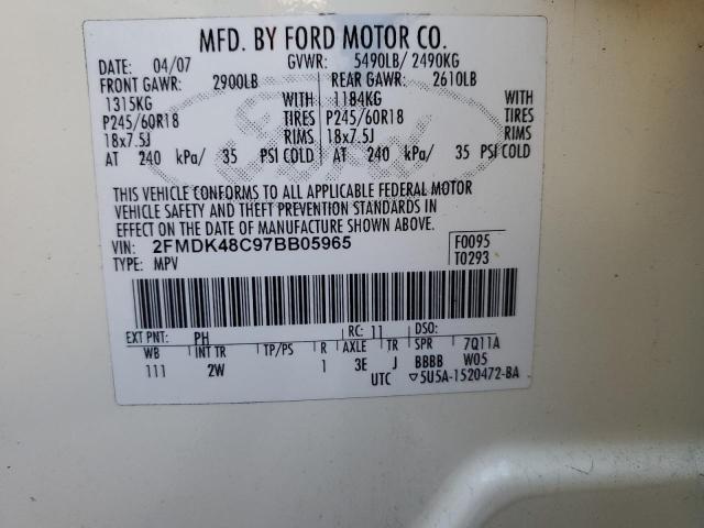 2FMDK48C97BB05965 - 2007 FORD EDGE SEL WHITE photo 12