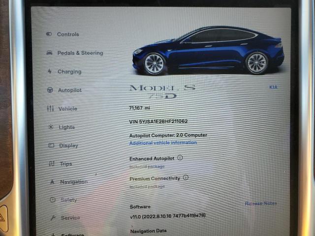 5YJSA1E28HF211062 - 2017 TESLA MODEL S ლურჯი ფოტო 9