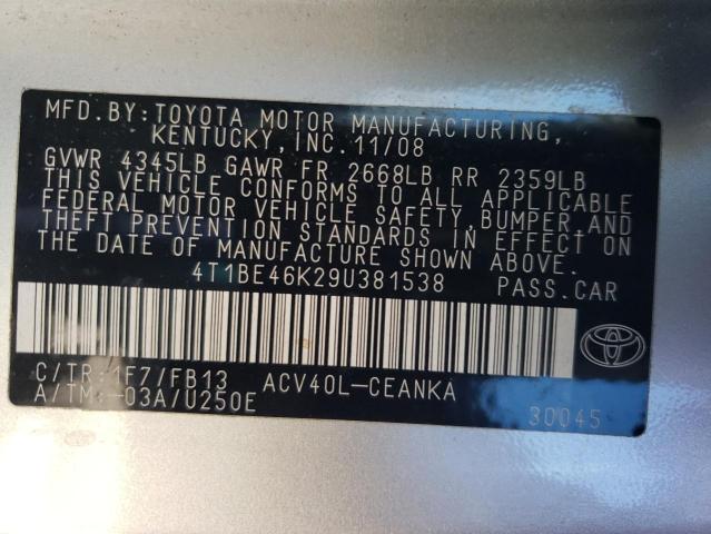 4T1BE46K29U381538 - 2009 TOYOTA CAMRY BASE SILVER photo 12