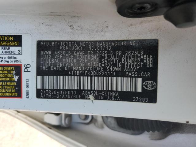 4T1BF1FK0DU221114 - 2013 TOYOTA CAMRY L WHITE photo 12