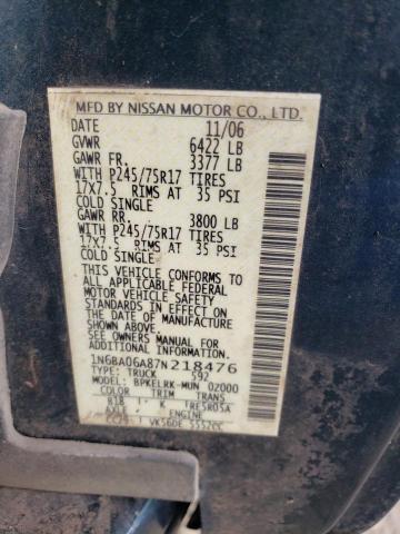 1N6BA06A87N218476 - 2007 NISSAN TITAN XE GREEN photo 12