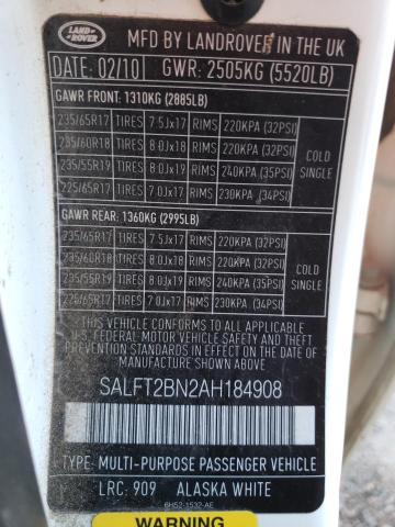 SALFT2BN2AH184908 - 2010 LAND ROVER LR2 HSE TECHNOLOGY WHITE photo 13
