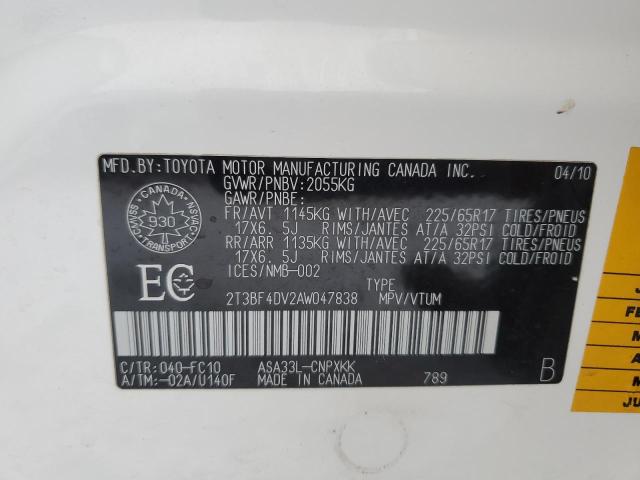 2T3BF4DV2AW047838 - 2010 TOYOTA RAV4 WHITE photo 13