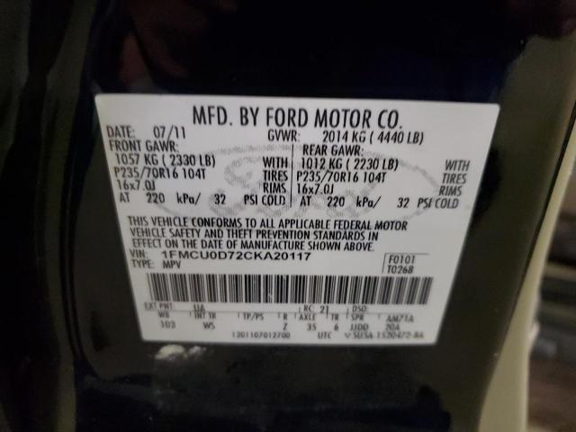 1FMCU0D72CKA20117 - 2012 FORD ESCAPE XLT BLACK photo 12