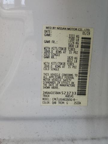 1N6AA1E56KN523733 - 2019 NISSAN TITAN SV WHITE photo 12