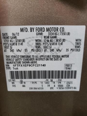 1FTFX1EF9CFC21140 - 2012 FORD F150 SUPER CAB TAN photo 13