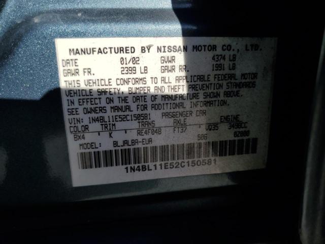 1N4BL11E52C150581 - 2002 NISSAN ALTIMA SE TEAL photo 12