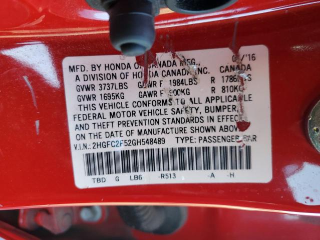 2HGFC2F52GH548489 - 2016 HONDA CIVIC LX RED photo 12