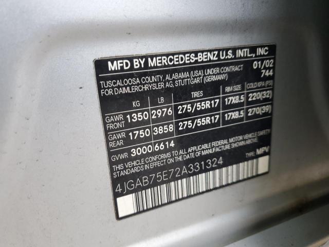 4JGAB75E72A331324 - 2002 MERCEDES-BENZ ML 500 SILVER photo 12