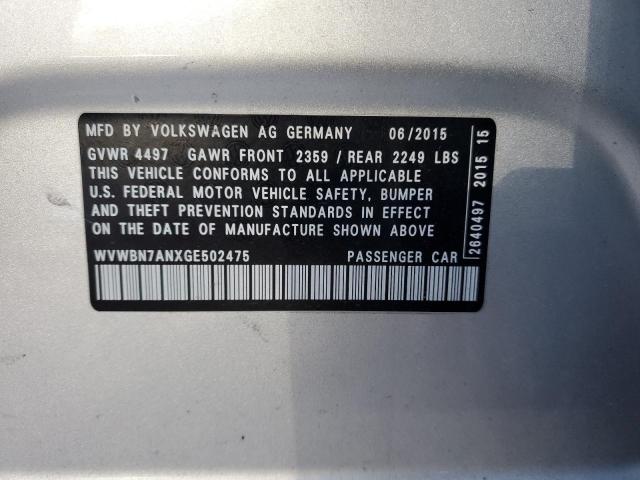 WVWBN7ANXGE502475 - 2016 VOLKSWAGEN CC BASE SILVER photo 12