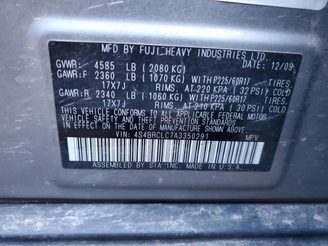 4S4BRCLC7A3350291 - 2010 SUBARU OUTBACK 2.5I LIMITED GRAY photo 12