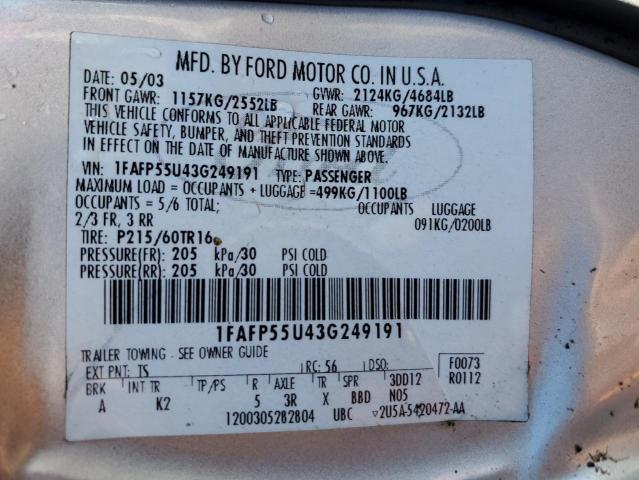 1FAFP55U43G249191 - 2003 FORD TAURUS SES SILVER photo 12