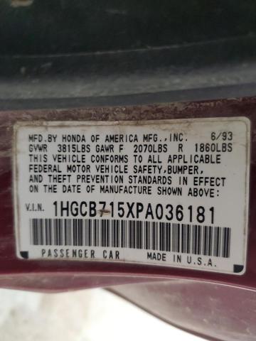 1HGCB715XPA036181 - 1993 HONDA ACCORD LX MAROON photo 12