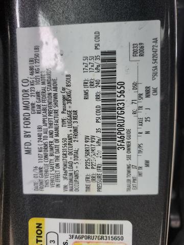 3FA6P0RU7GR315650 - 2016 FORD FUSION TITANIUM HEV GRAY photo 12